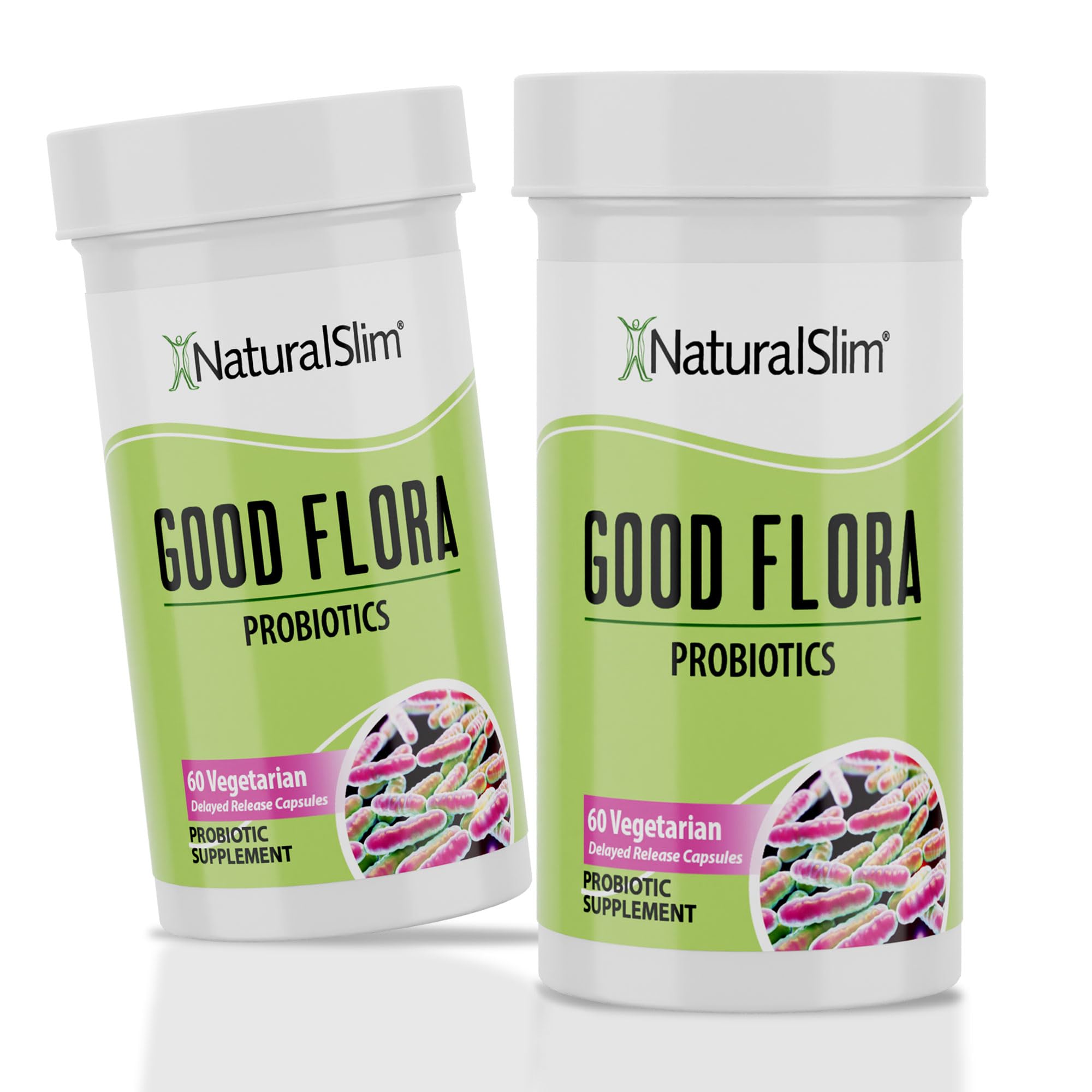 NaturalSlim Good Flora bottle shows the probiotic formula for daily gut support