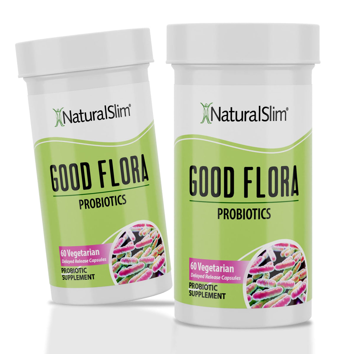 NaturalSlim Good Flora bottle shows the probiotic formula for daily gut support