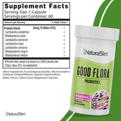 NaturalSlim Good Flora label closeup highlights 60 vegetarian capsules and gentle design
