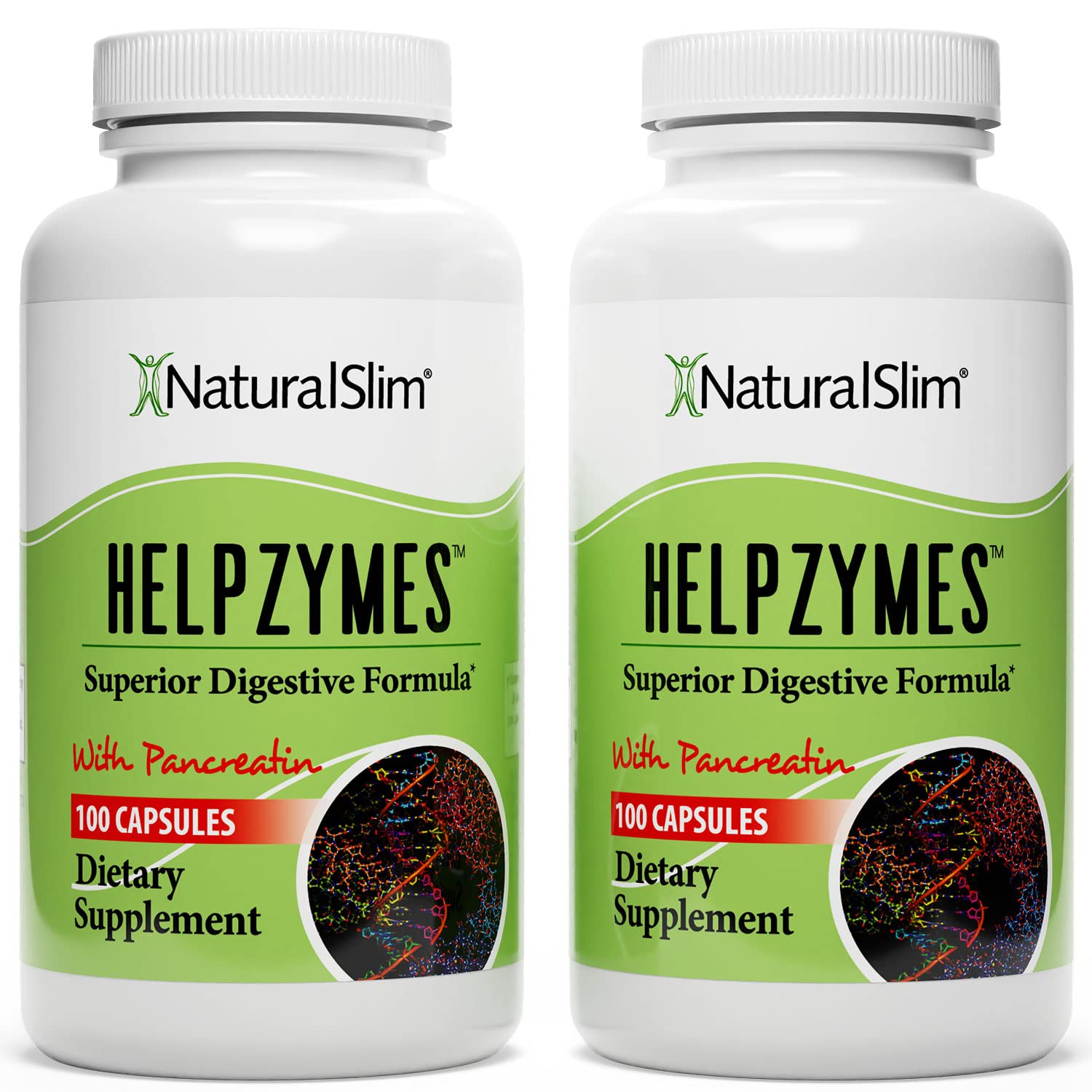 NaturalSlim Helpzymes bottle pour demonstrates easy-to-use enzyme capsules for daily digestion support.