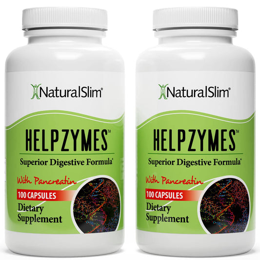 NaturalSlim Helpzymes bottle pour demonstrates easy-to-use enzyme capsules for daily digestion support.