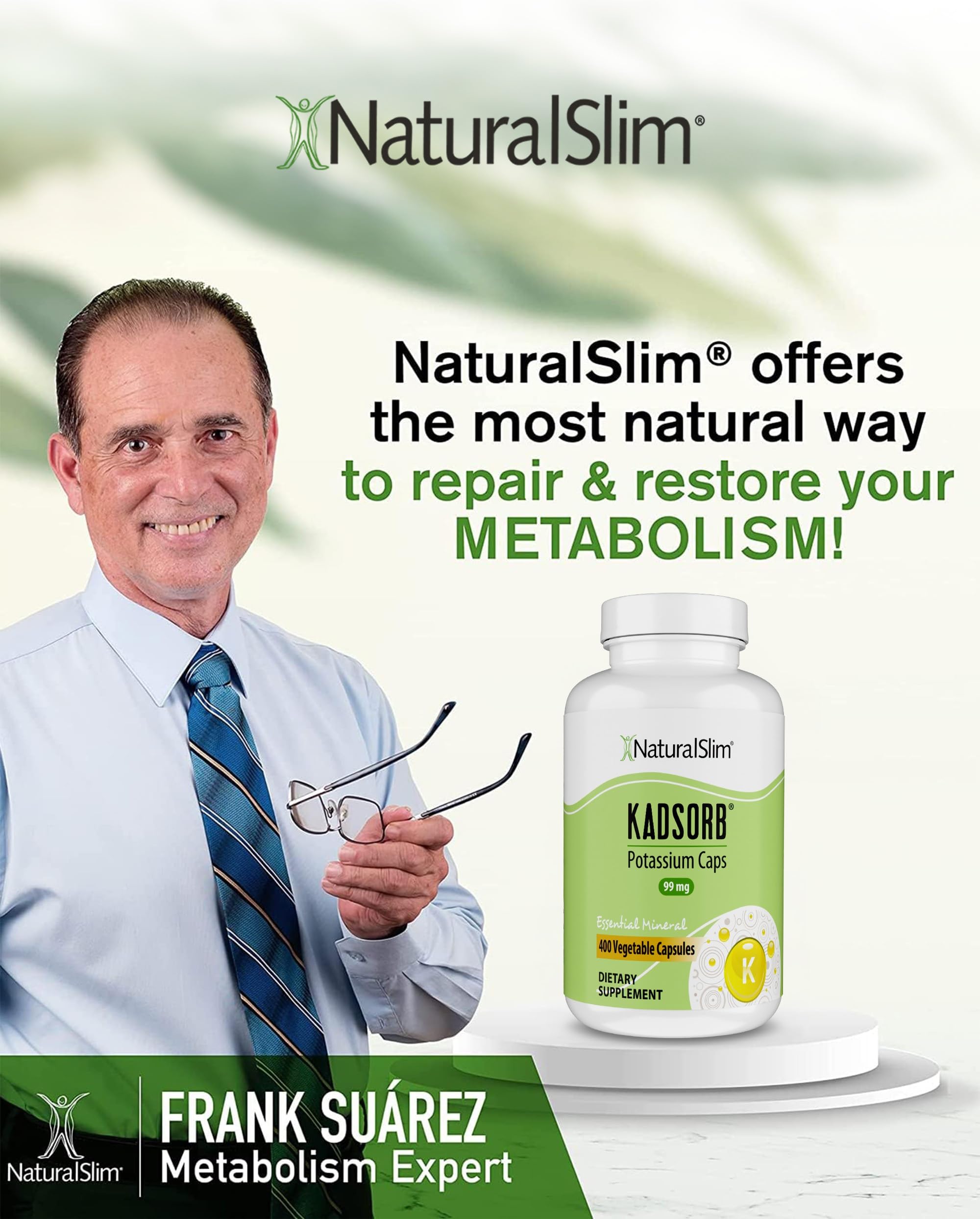NaturalSlim Kadsorb bottle with glass demonstrates convenient everyday potassium support