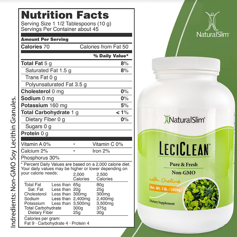 NaturalSlim lecithin granules pouring into a glass for easy mixing.