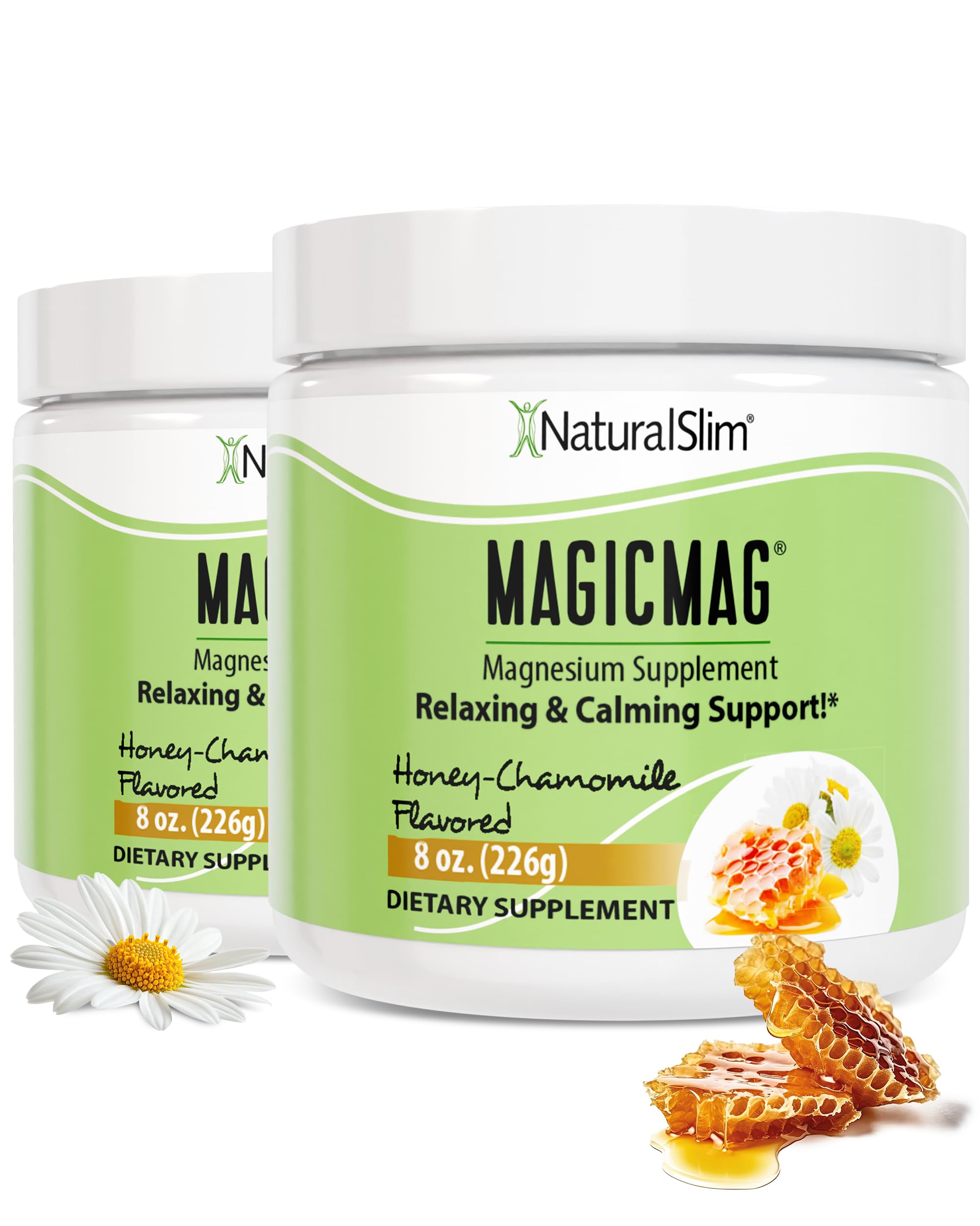NaturalSlim MagicMag honey chamomile powder jar for daily magnesium intake and pleasant flavor.
