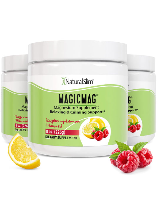 NaturalSlim MagicMag Raspberry Lemon powder pack ready to mix for daily magnesium support and refreshment.
