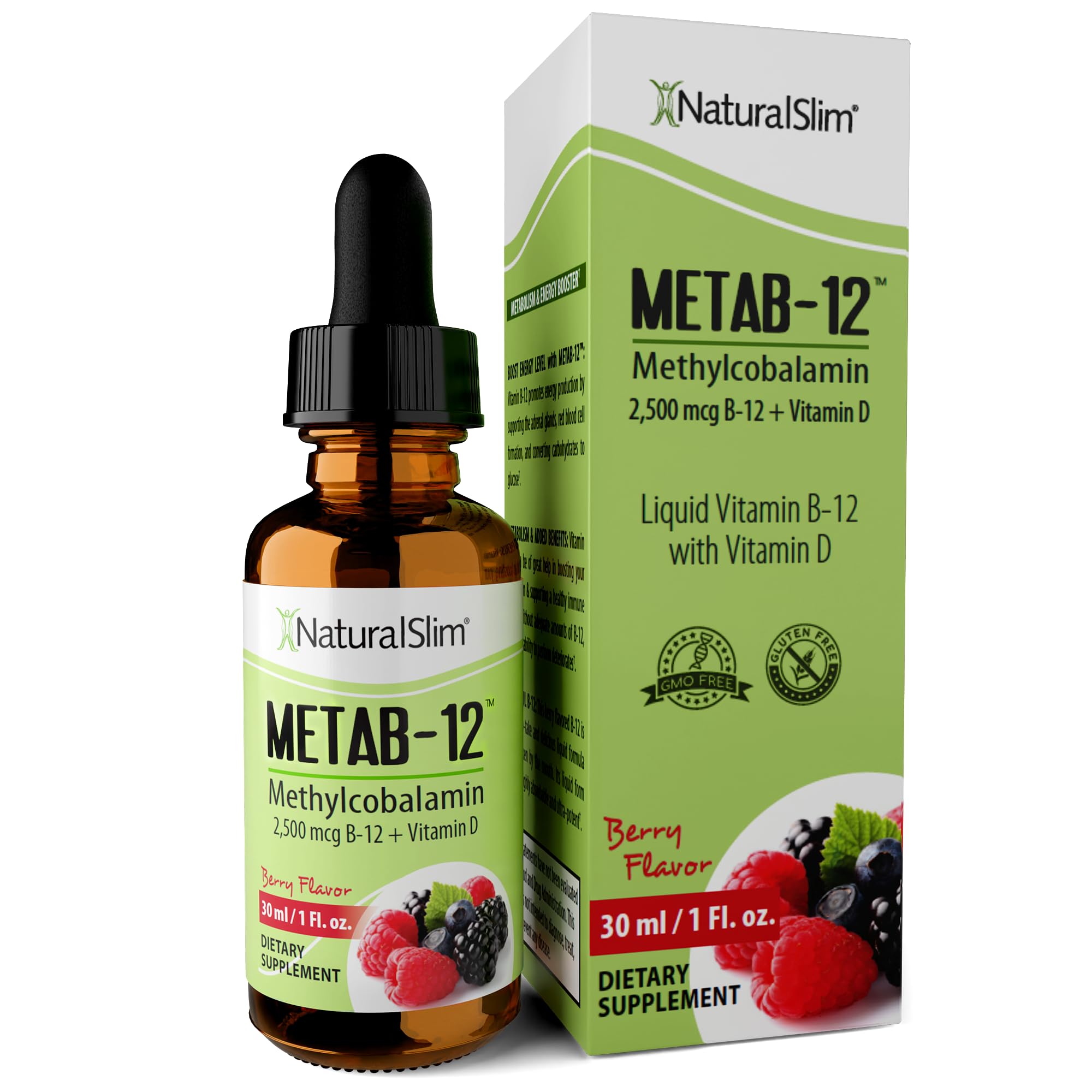 NaturalSlim Metab-12 berry bottle showing berry flavor for quick energy support