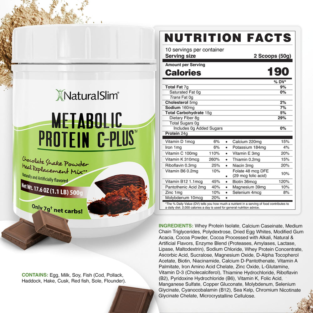 NaturalSlim Metabolic Protein C-Plus nutrition panel shows vitamins and enzymes