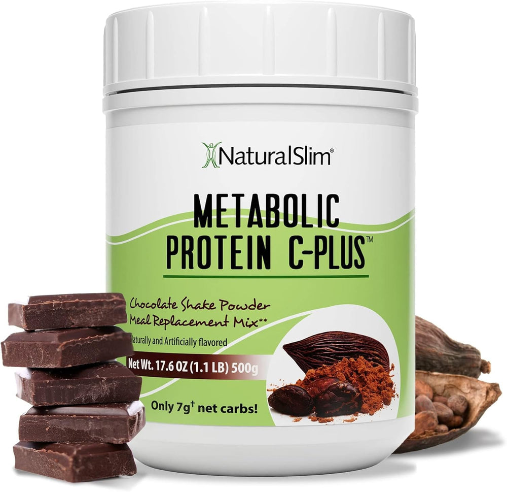 NaturalSlim Metabolic Protein C-Plus chocolate powder tub promotes smooth shakes