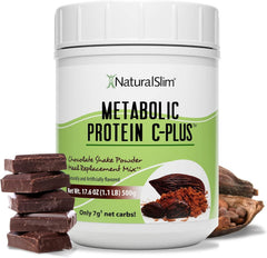 NaturalSlim Metabolic Protein C-Plus chocolate powder tub promotes smooth shakes