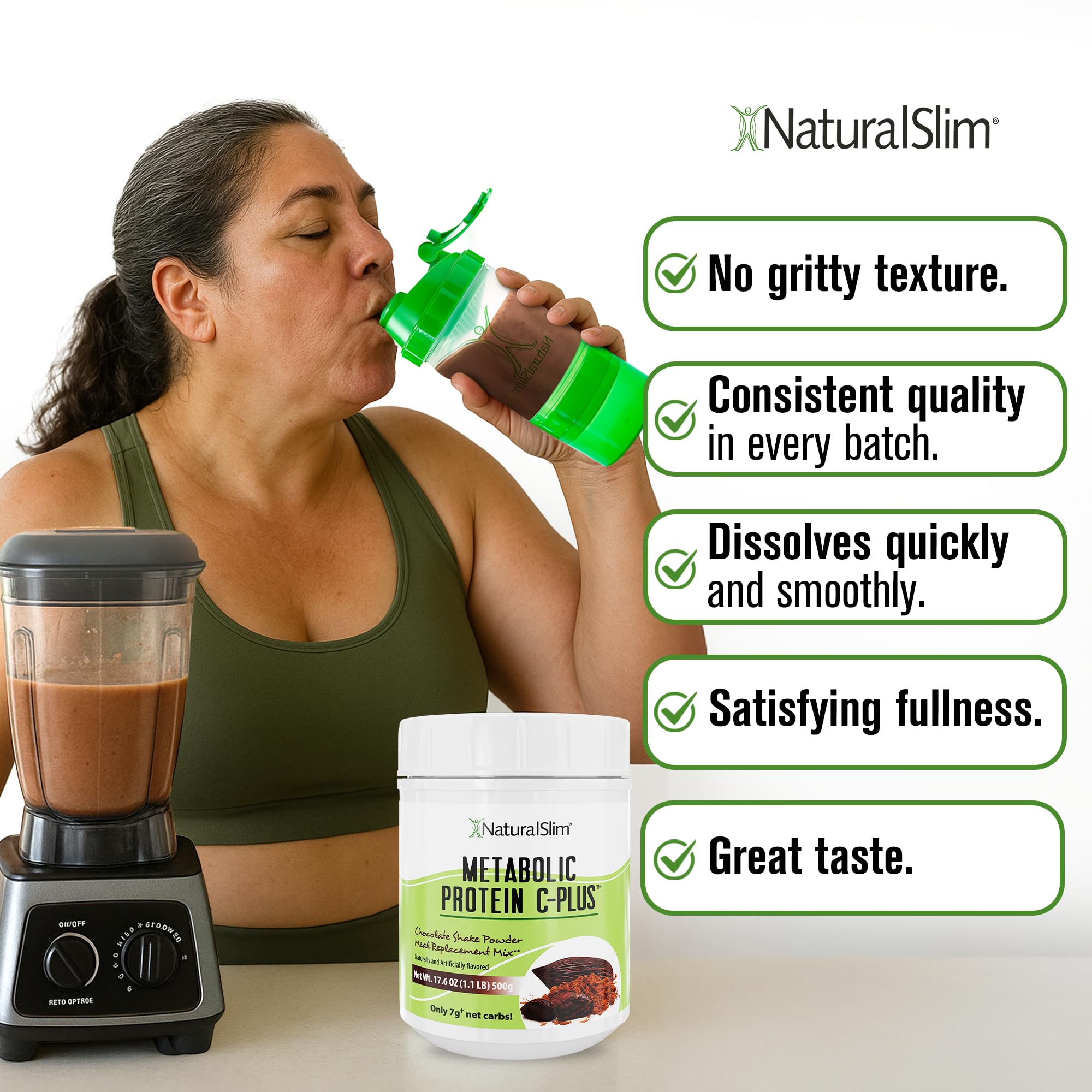 NaturalSlim Metabolic Protein C-Plus shake poured into a glass for quick fueling