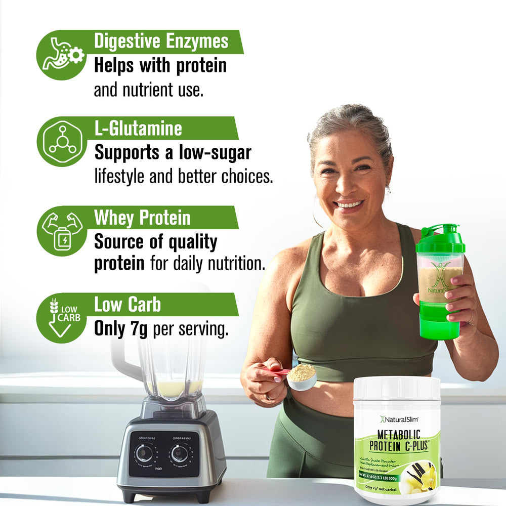NaturalSlim Metabolic Protein C-Plus vanilla label close-up highlighting low carb formula