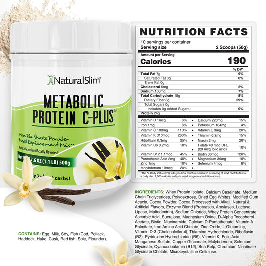 NaturalSlim Metabolic Protein C-Plus vanilla tub with label highlighting vitamin C and enzymes