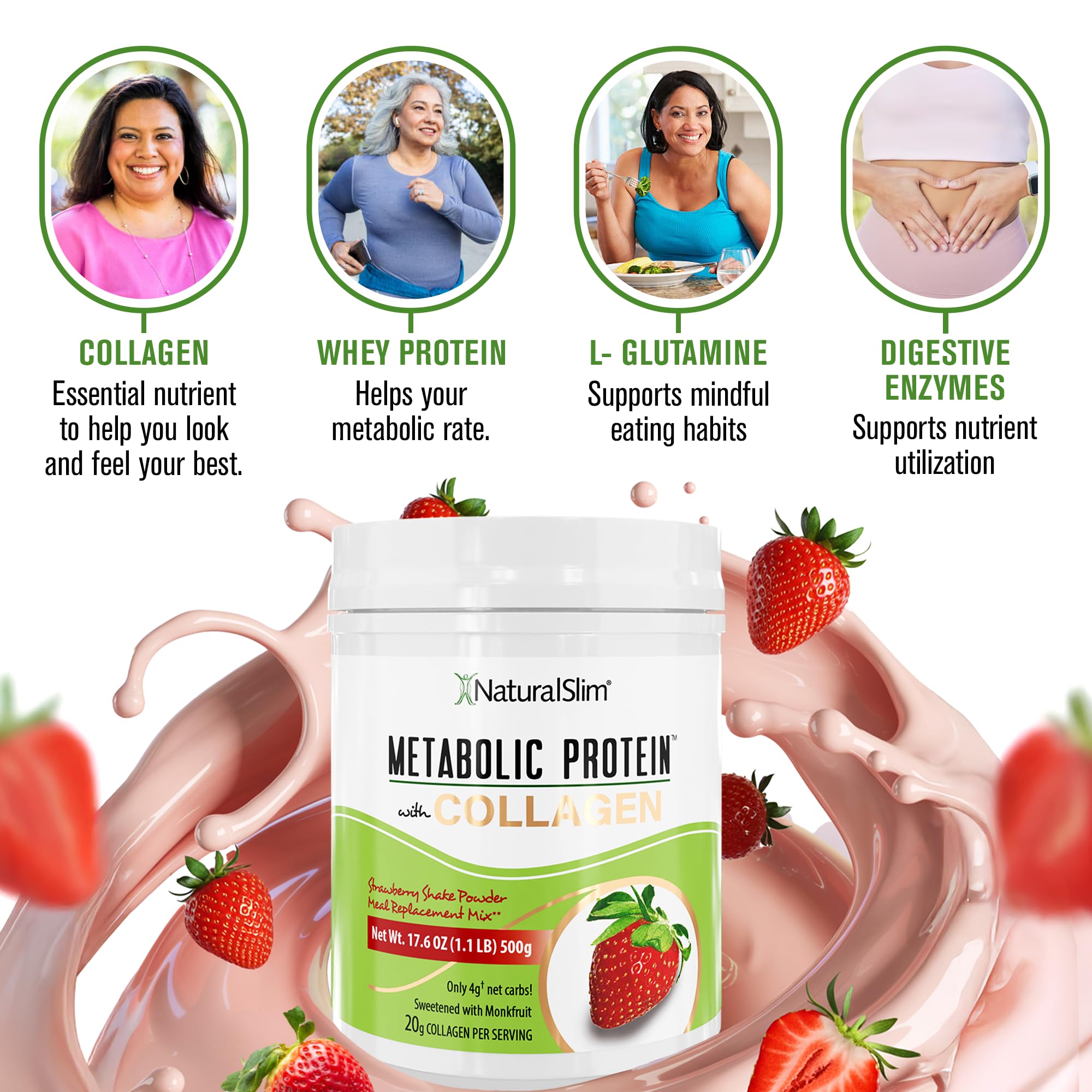 Close-up of NaturalSlim Metabolic Protein Powder strawberry label on the tub.