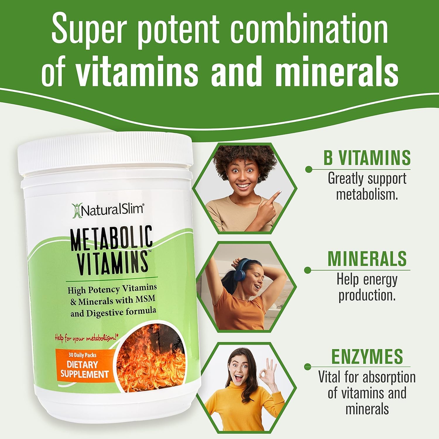 NaturalSlim Metabolic Vitamins B complex supports steady energy throughout the day.