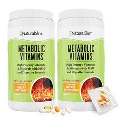NaturalSlim metabolic vitamins bottle closeup showing a potent daily energy blend.