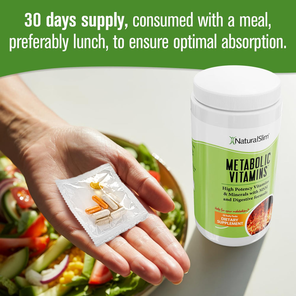 NaturalSlim Metabolic Vitamins packaging open showing single-dose packets