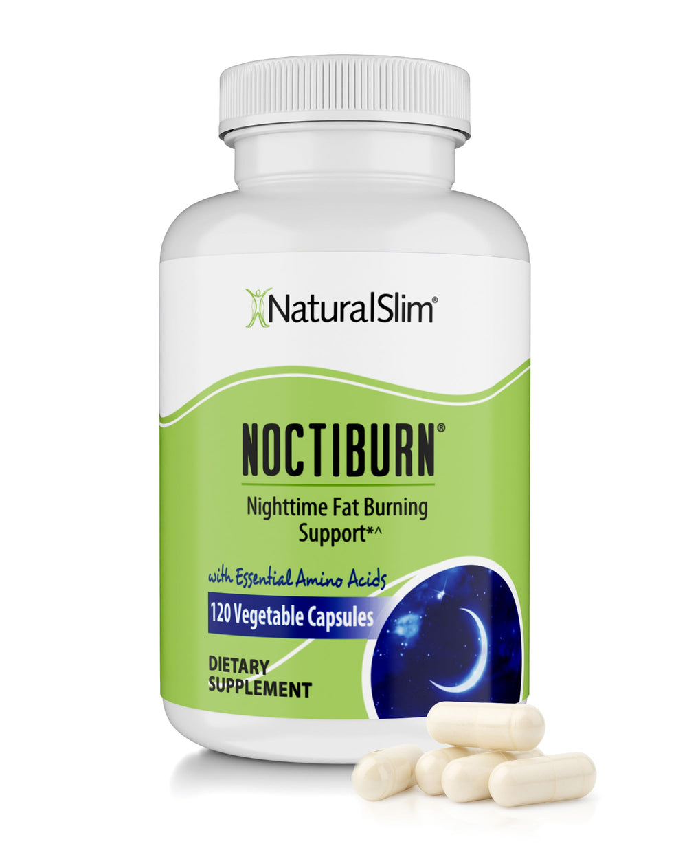 NaturalSlim NoctiBurn bottle close-up, stimulant-free nighttime amino acid option for steady routines.