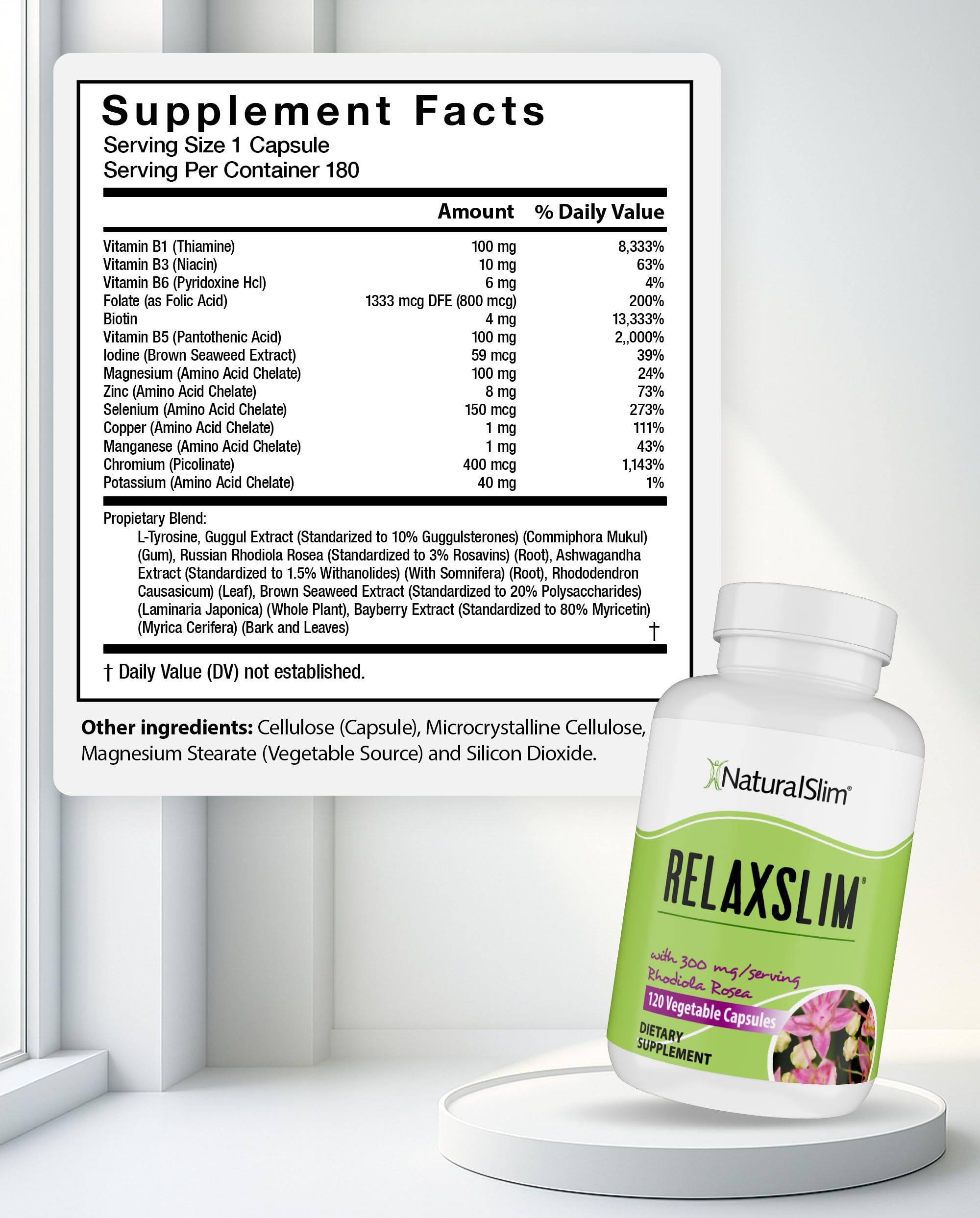 NaturalSlim Relaxslim packaging label highlights ingredients for energy and mood support