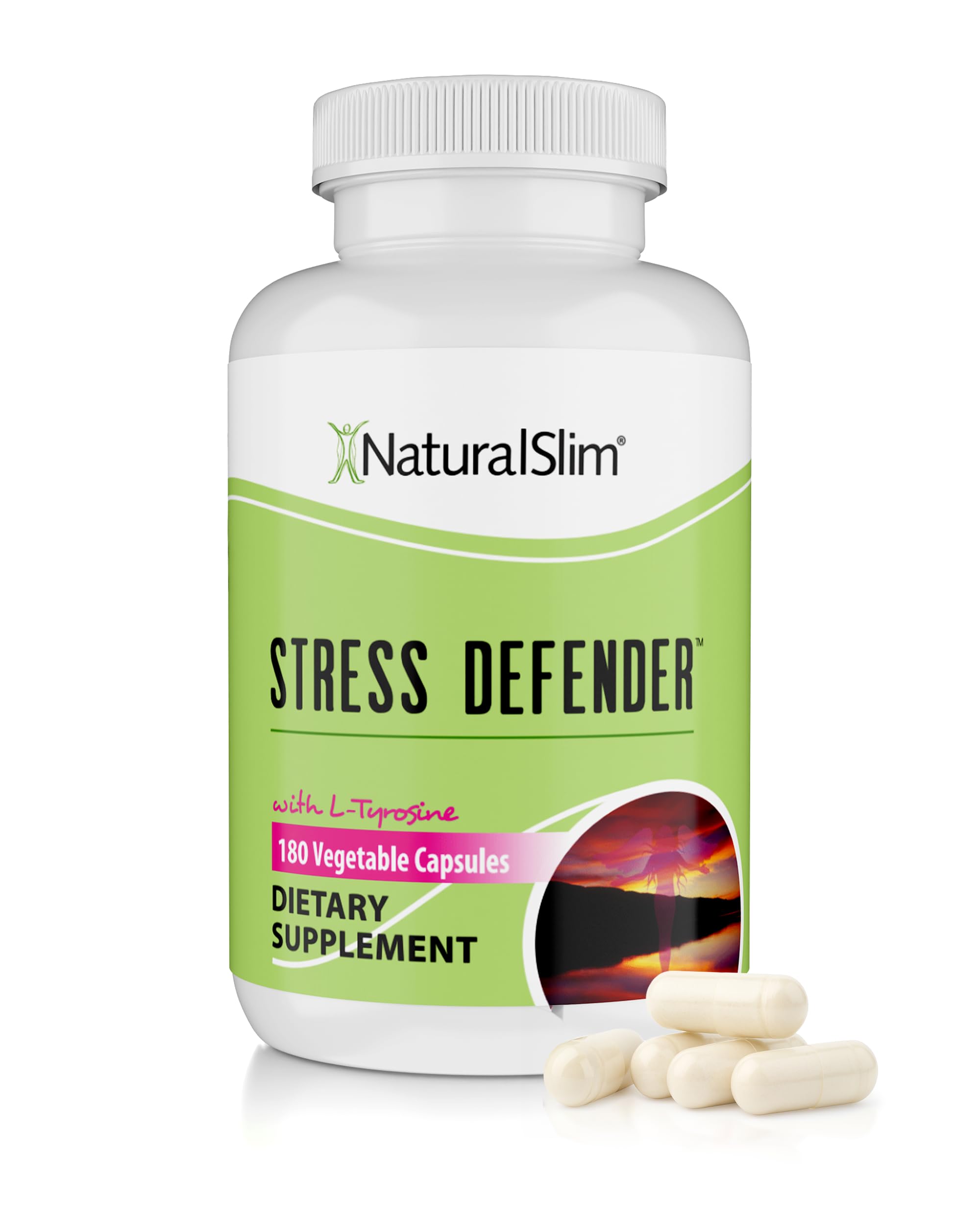 NaturalSlim Stress Defender bottle on countertop signaling daily stress support