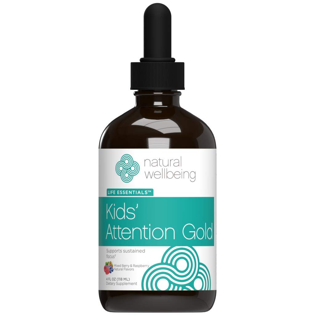 Natural Wellbeing Kids' Attention Gold bottle aids focus during activities.