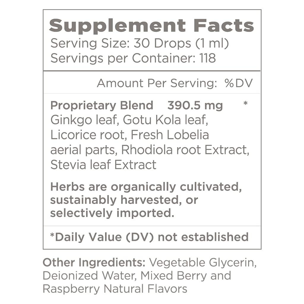 Natural Wellbeing Kids' Attention Gold label close-up highlights Rhodiola and USA manufacturing.