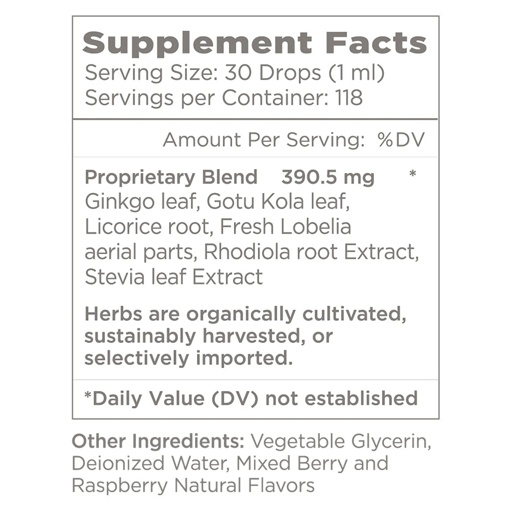 Natural Wellbeing Kids' Attention Gold label close-up highlights Rhodiola and USA manufacturing.