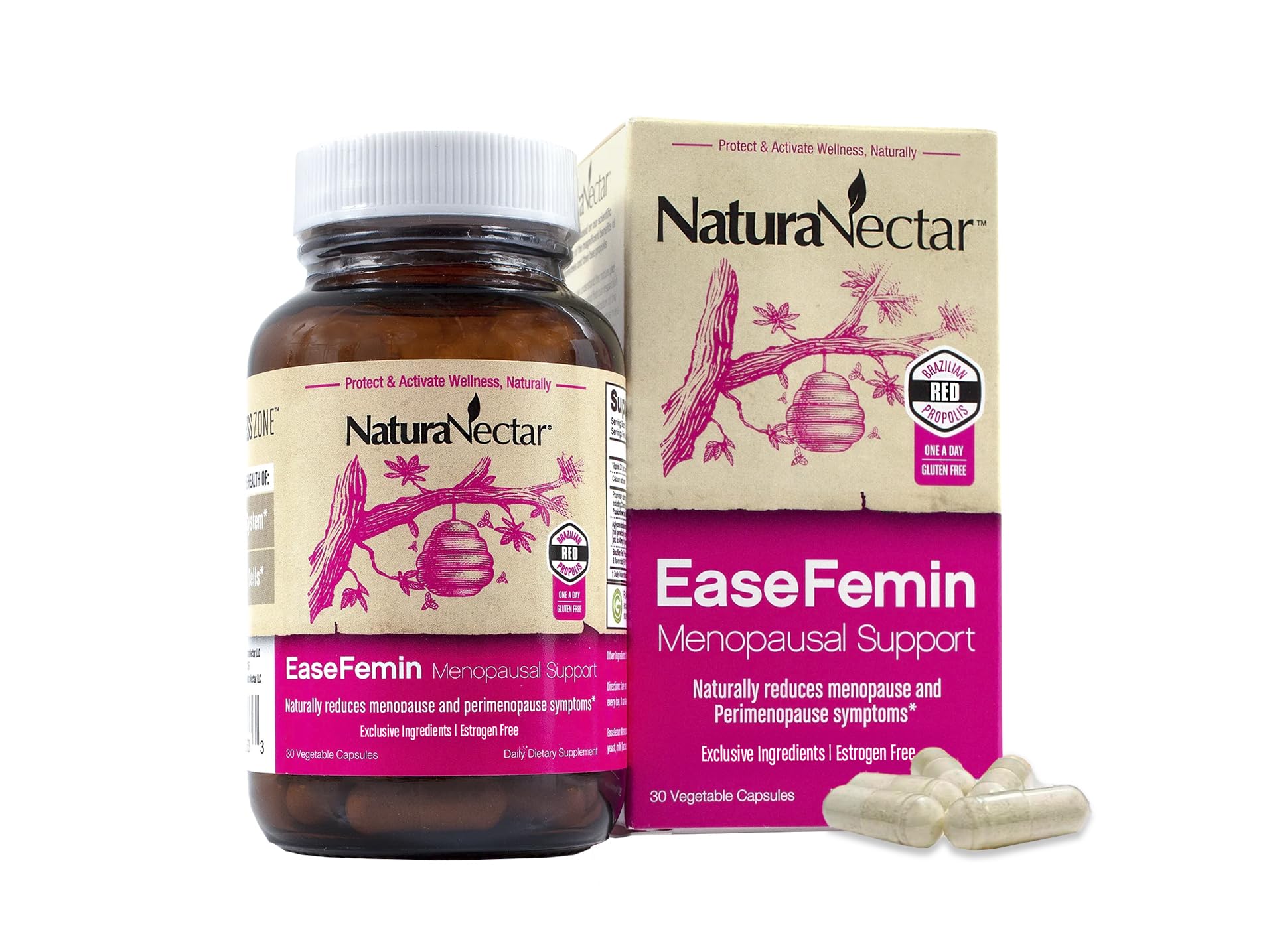 NaturaNectar EaseFemin bottle showcasing an estrogen free menopause support capsule