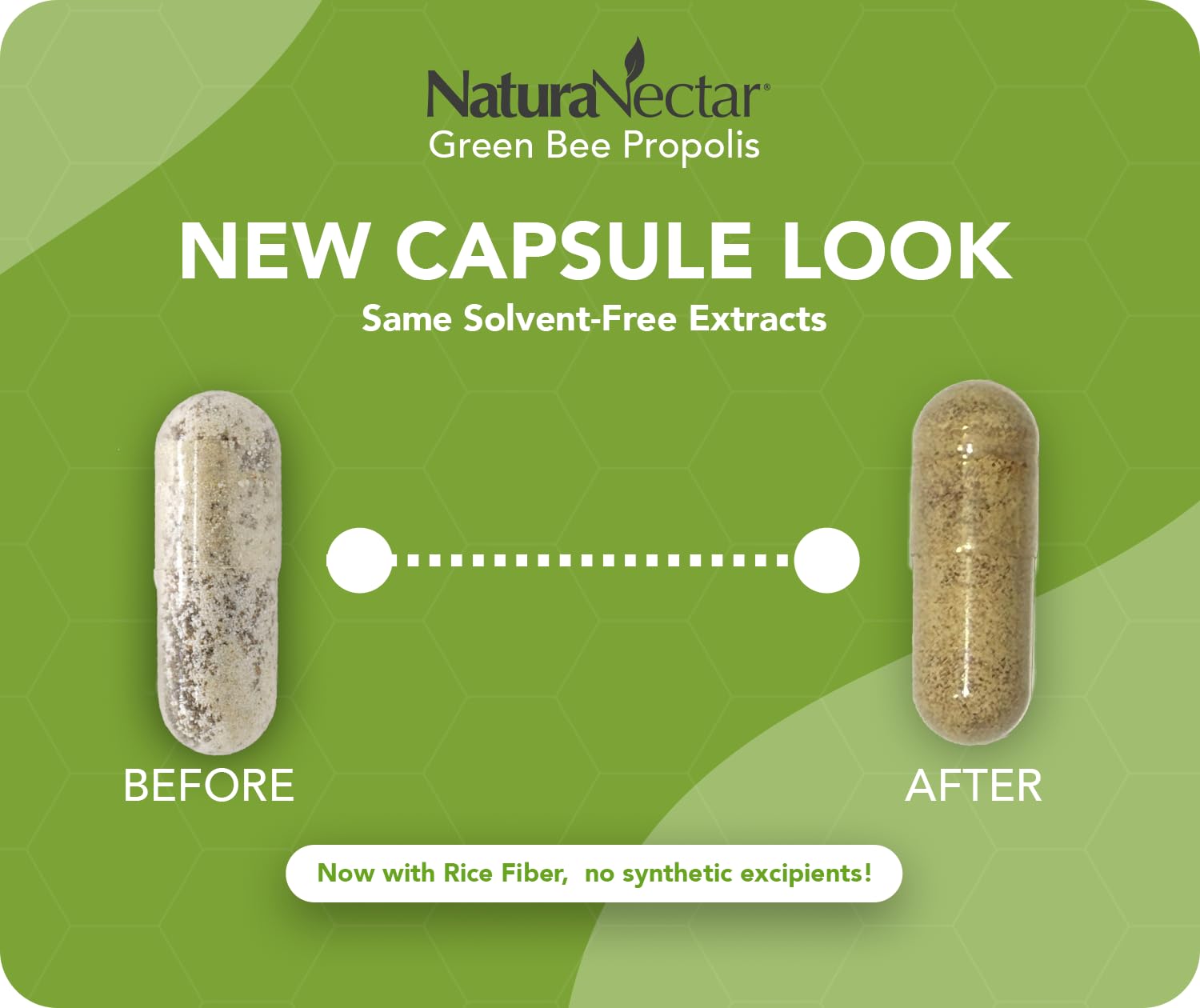 NaturaNectar Green Bee Propolis capsules being poured for easy dosing.