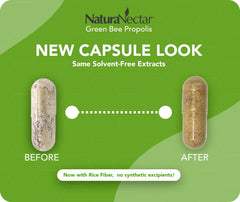 NaturaNectar Green Bee Propolis capsules being poured for easy dosing.