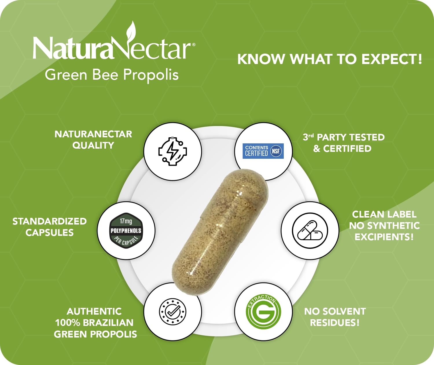 NaturaNectar Green Bee Propolis label highlighting artepillin-c content.