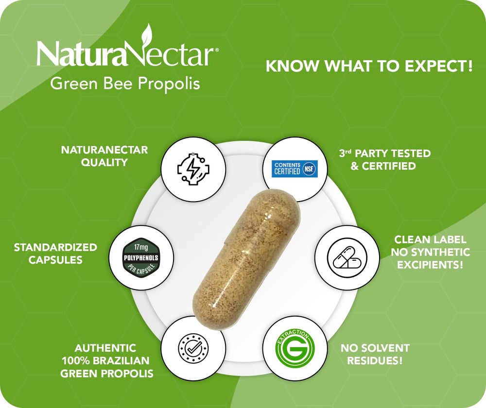 NaturaNectar Green Bee Propolis label highlighting artepillin-c content.
