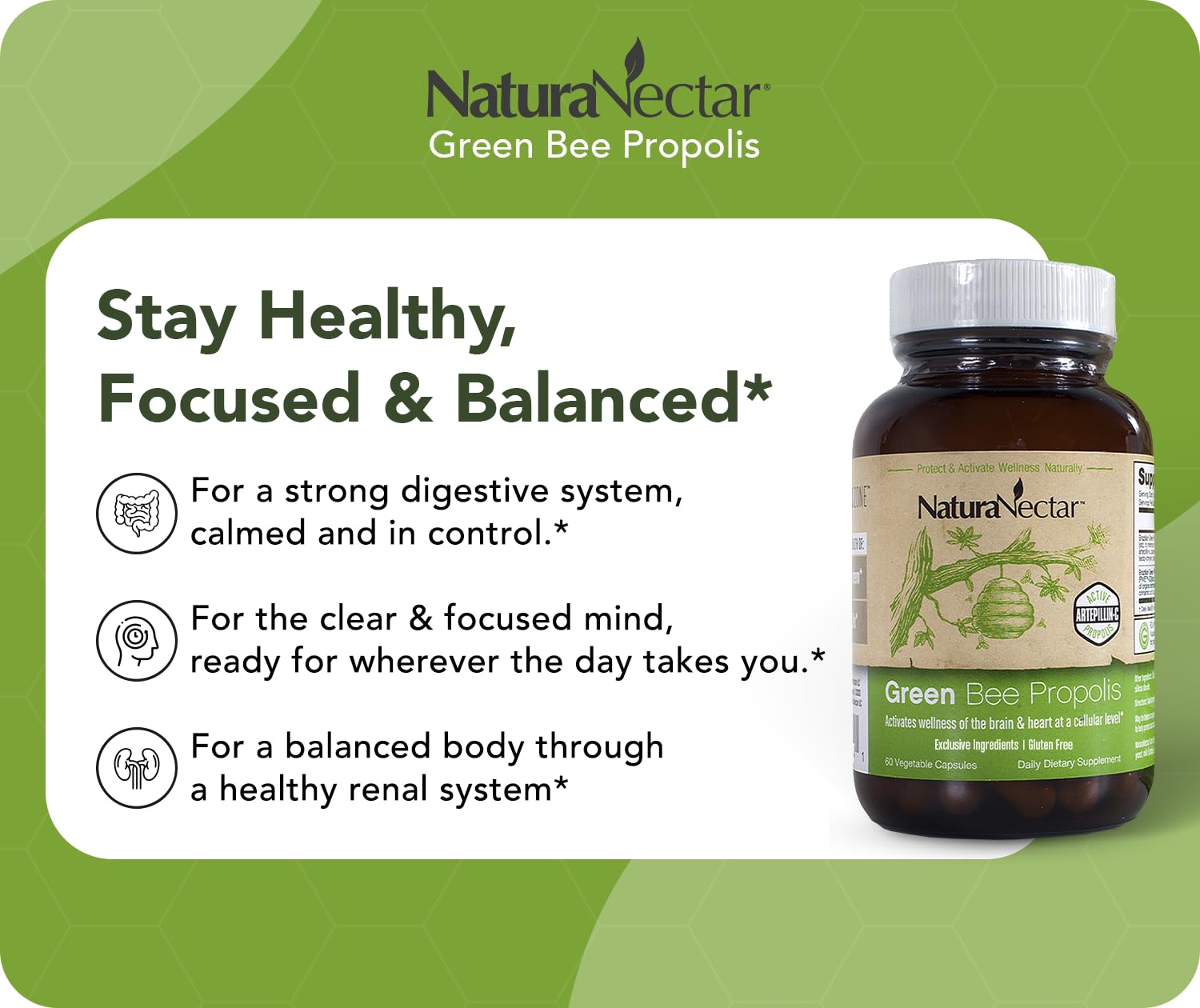 NaturaNectar Green Bee Propolis polyphenols illustration emphasizing antioxidants.