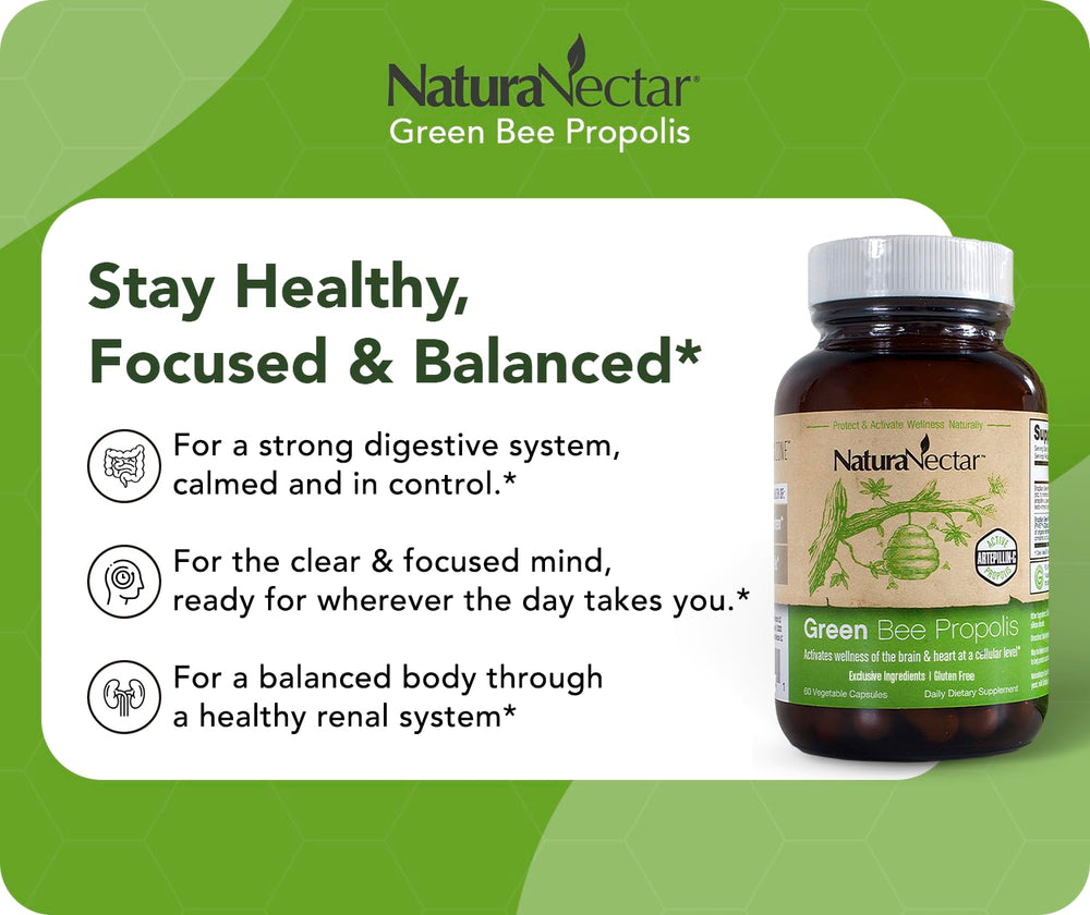 NaturaNectar Green Bee Propolis polyphenols illustration emphasizing antioxidants.