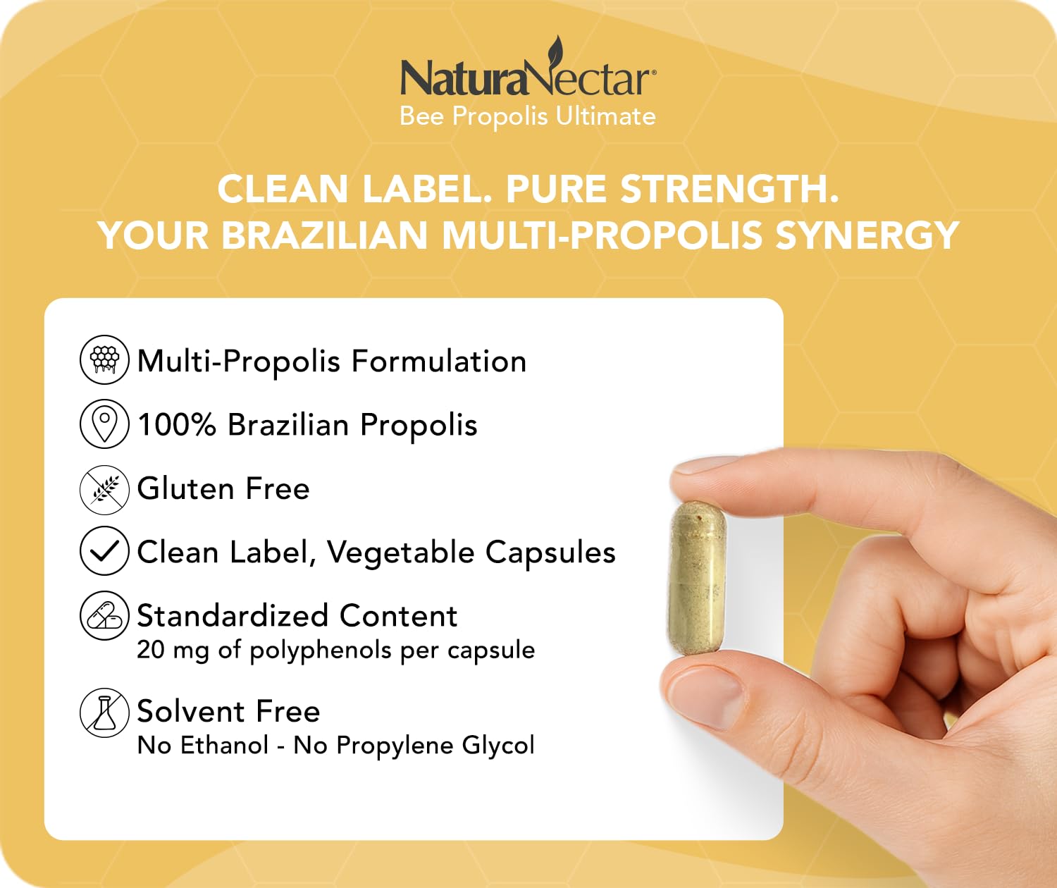 Close-up of NaturaNectar propolis capsules ready for daily use.