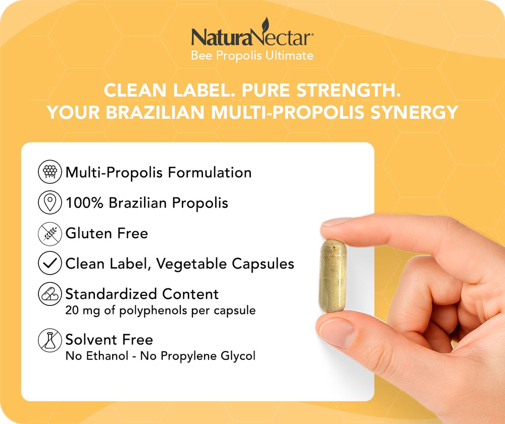 Close-up of NaturaNectar propolis capsules ready for daily use.