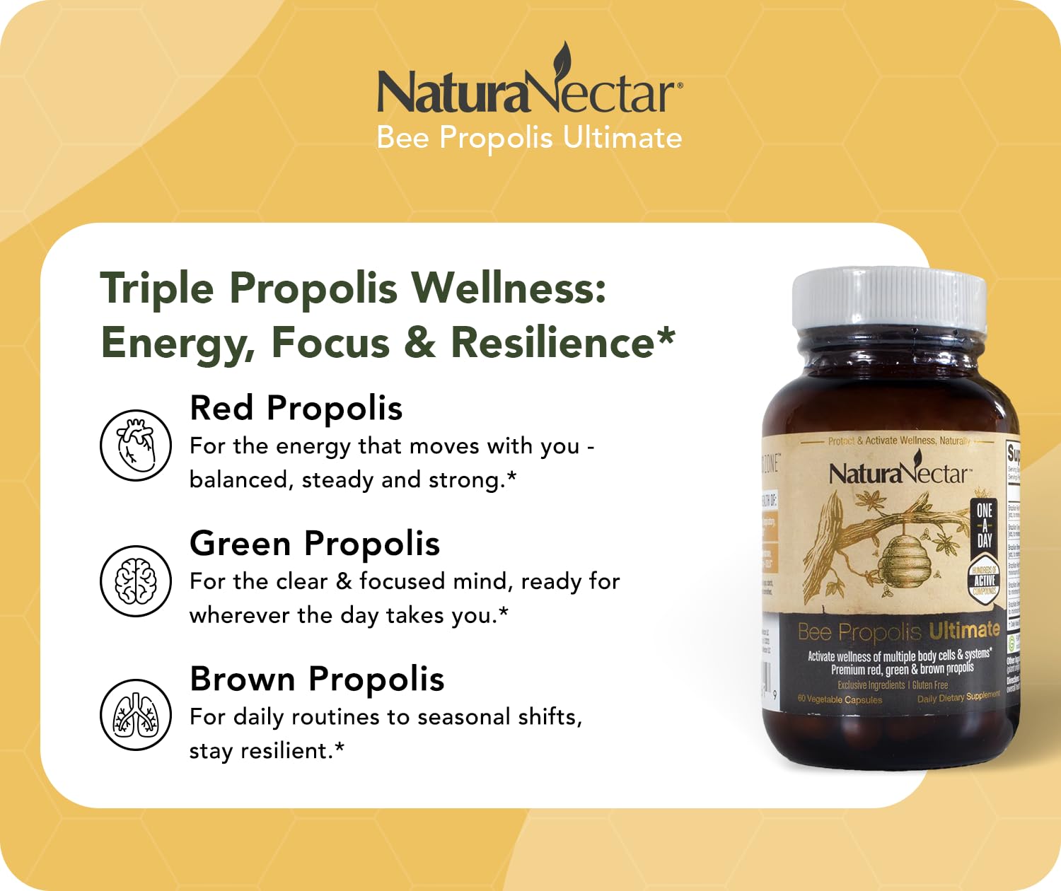 NaturaNectar red propolis from Brazil supports a rich polyphenol blend.