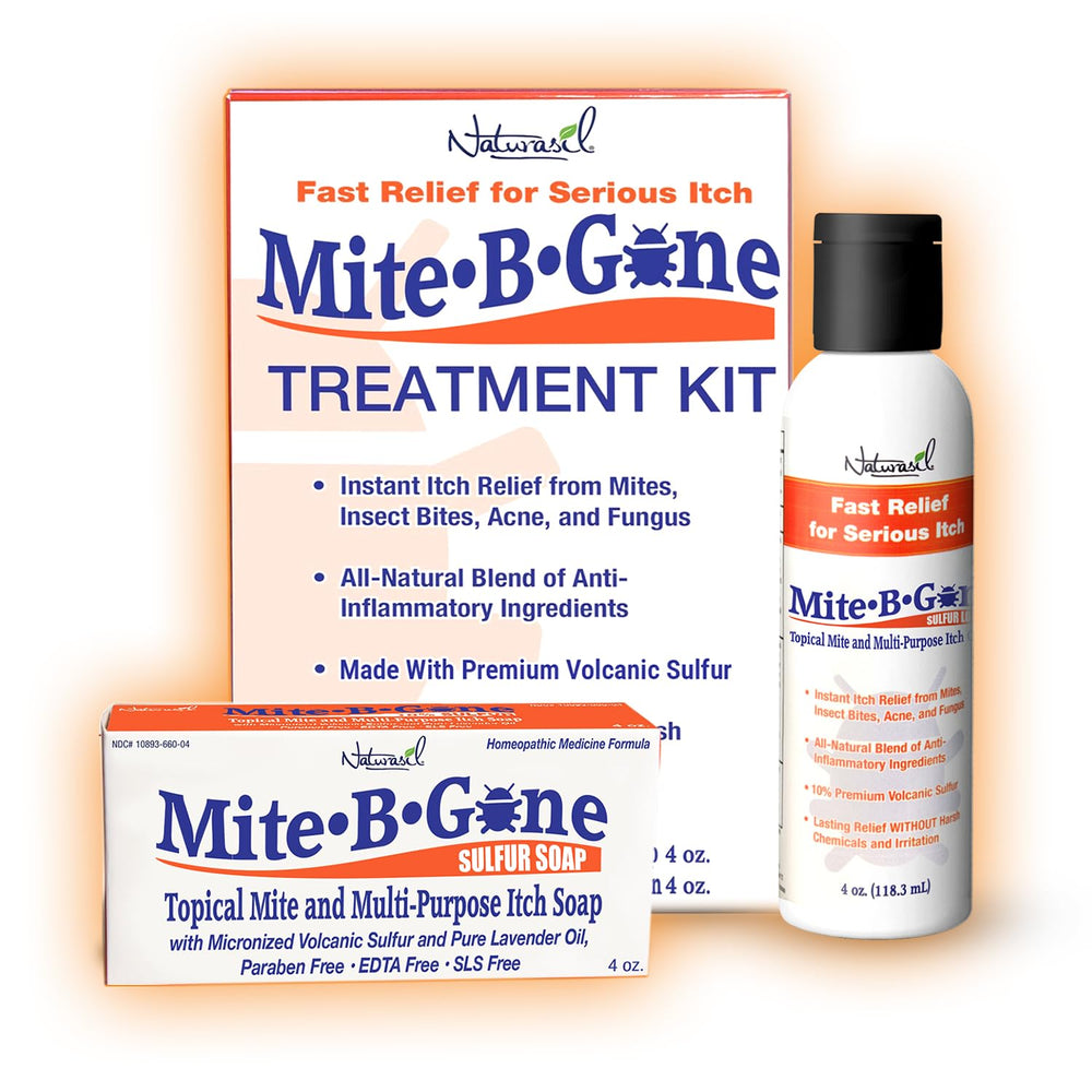 Naturasil Mite-B-Gone lotion bottle highlighting fast-acting sulfur relief for itchy skin