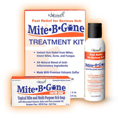 Naturasil Mite-B-Gone lotion bottle highlighting fast-acting sulfur relief for itchy skin