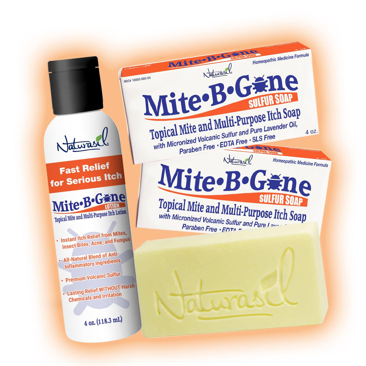 Naturasil Mite-B-Gone bottle and lotion for soothing skin irritation