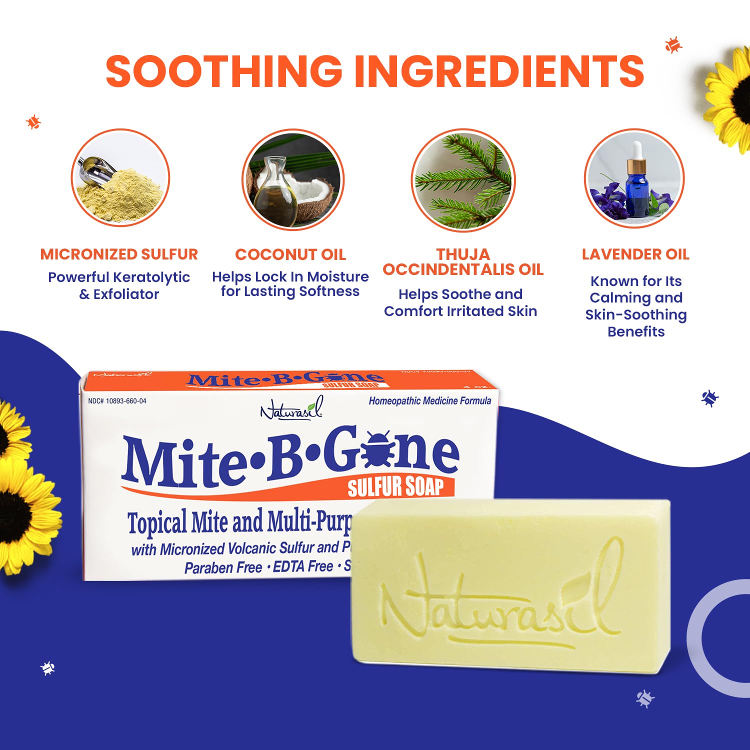 Naturasil Mite-B-Gone packaging front showing USA-made promise and natural care