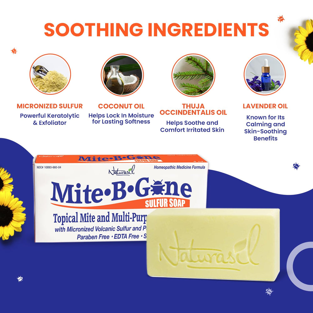 Naturasil Mite-B-Gone packaging front showing USA-made promise and natural care
