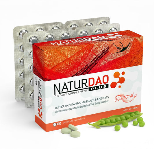 NaturDao Plus DAO enzyme bottle shown for potent dosing.