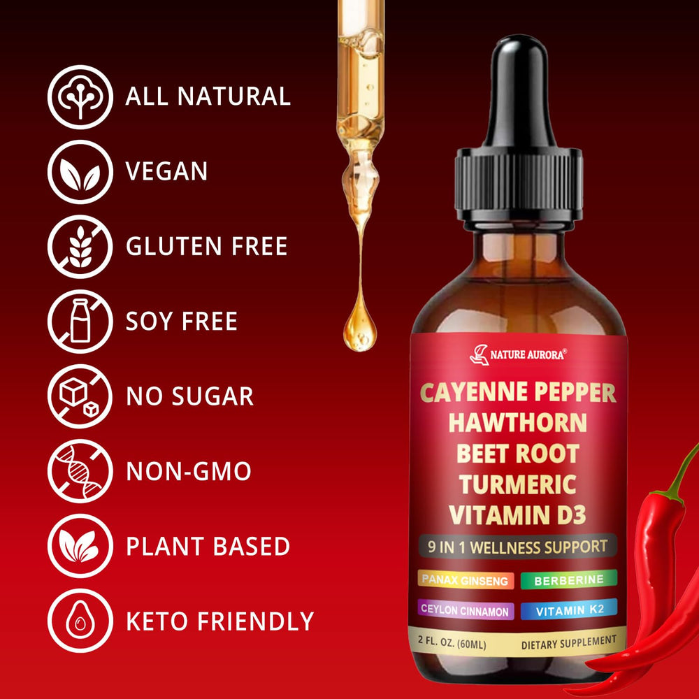 Nature Aurora Cayenne Drops label close-up shows vegan ingredients.