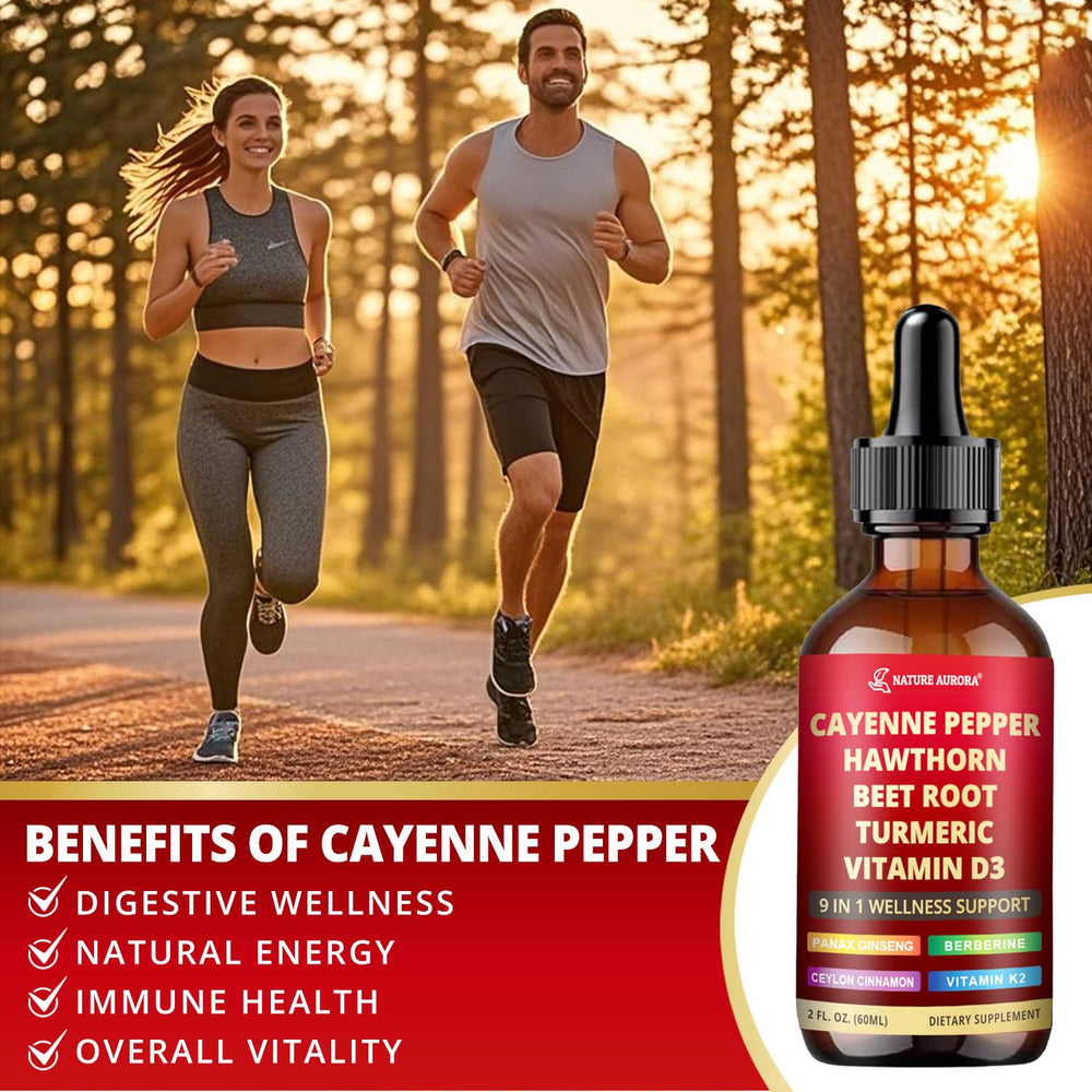 Nature Aurora Cayenne Drops packaging back view highlighting ingredients.
