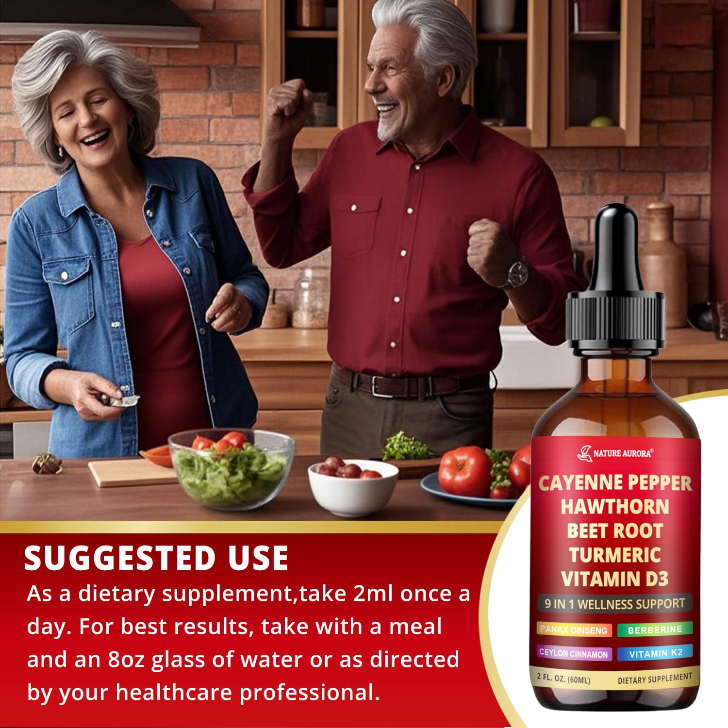 Nature Aurora Cayenne Drops turmeric visual suggests wellness benefits.
