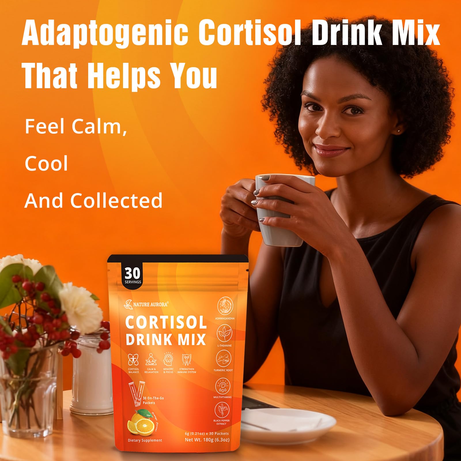 Nature Aurora cortisol drink mix packaging features 30 sticks for daily use.