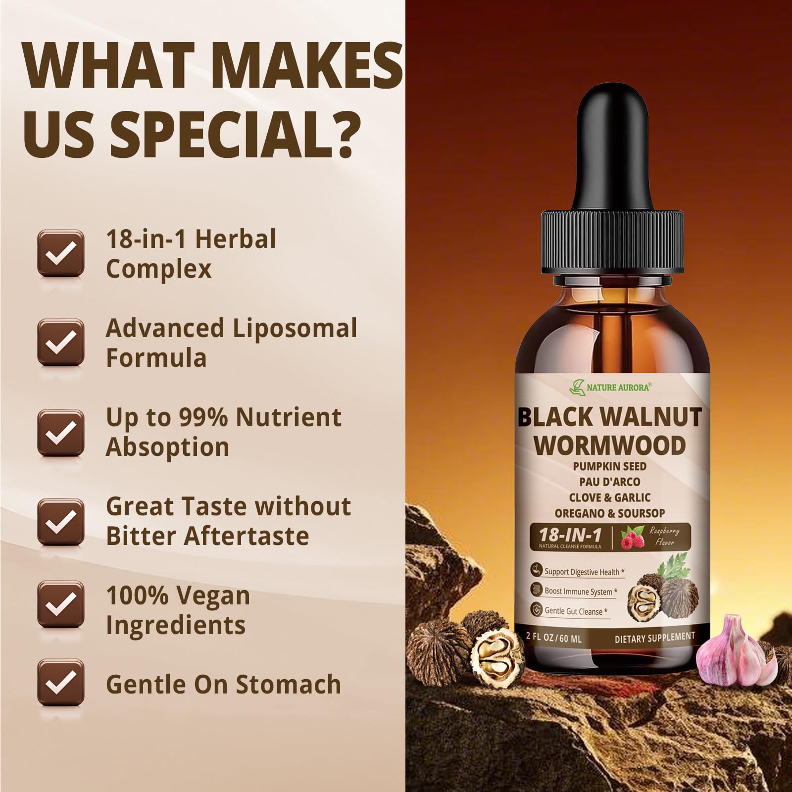 Nature Aurora gut-friendly, alcohol-free formula; suitable for sensitive stomachs.