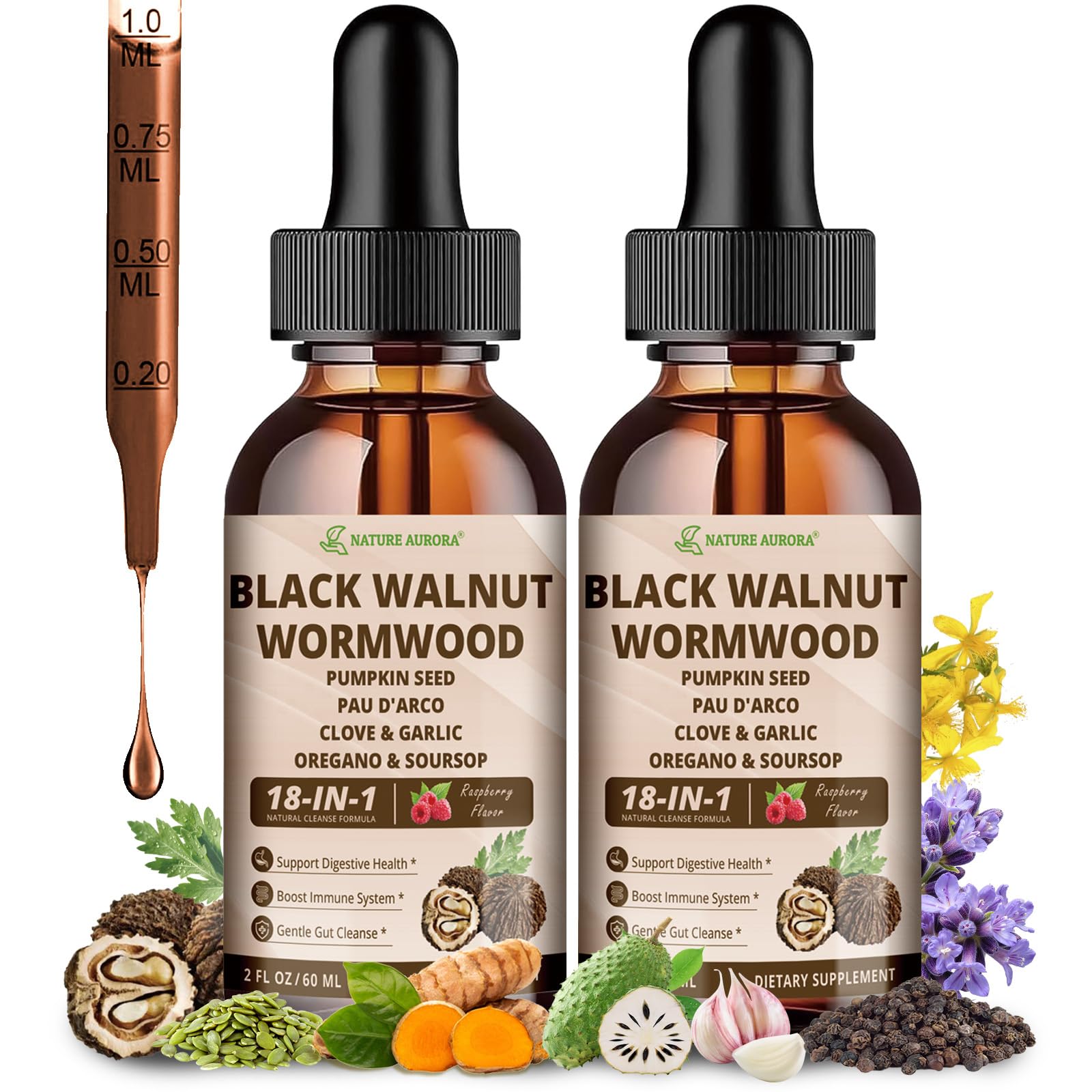 Nature Aurora wormwood-walnut-clove cleanse bottle; promotes gentle digestion support.