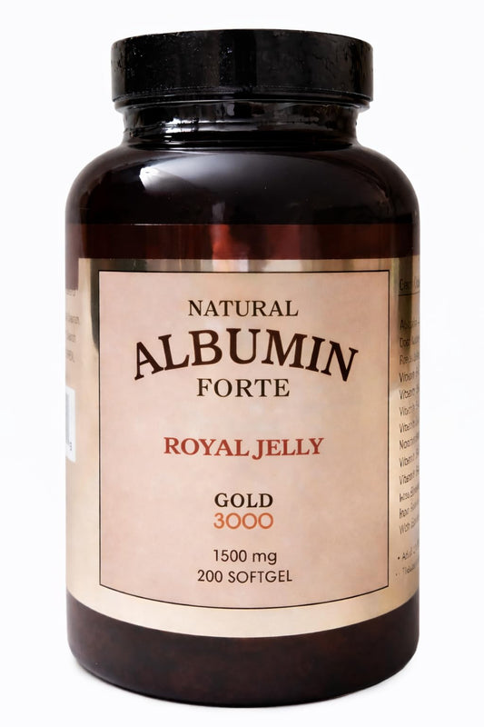 Nature-Bio Albumin Forte Royal Jelly bottle pour illustrates convenient daily vitality support