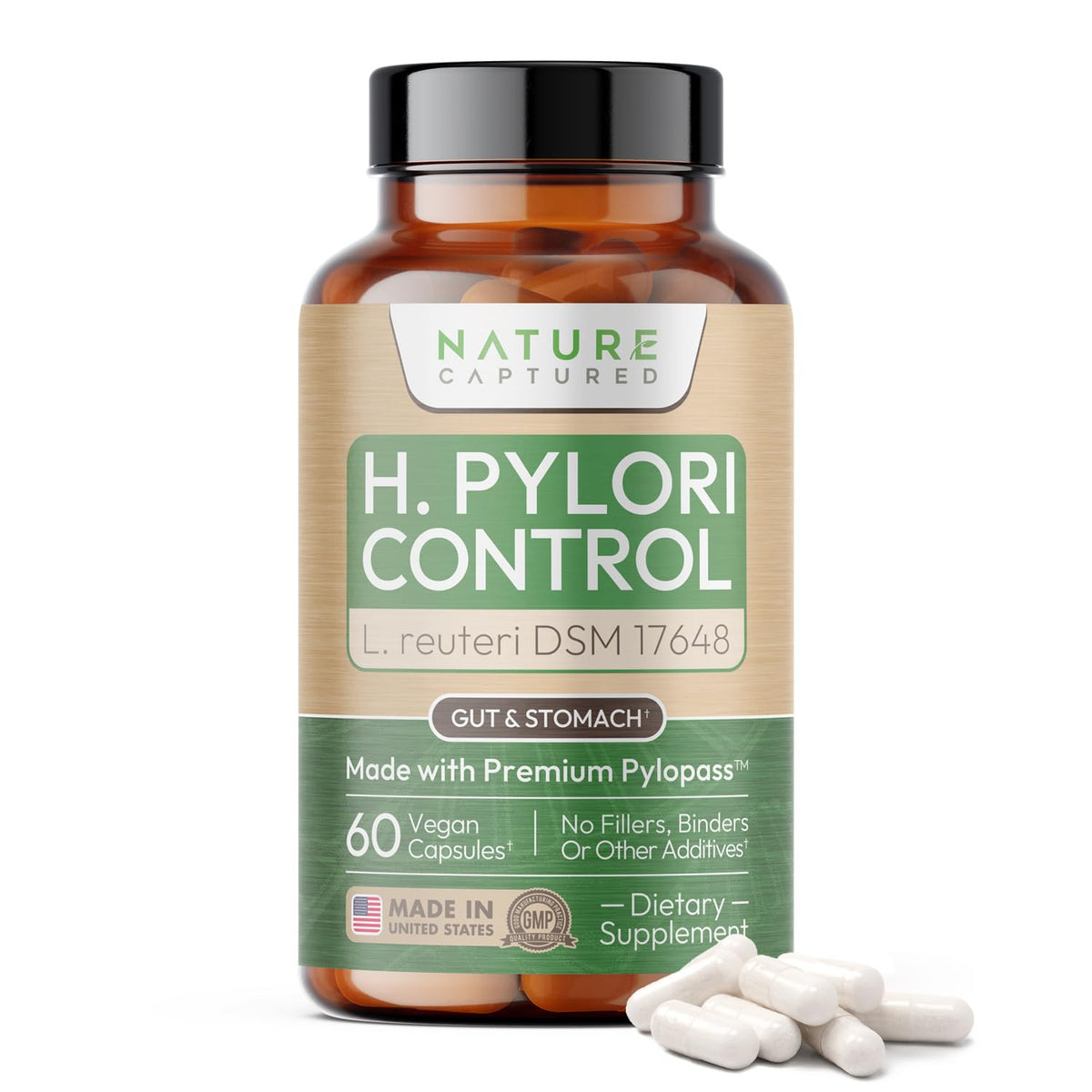 Nature Captured H Pylori Control bottle front; easy daily dosing for gut balance.
